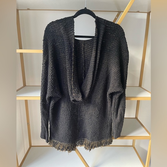 Free People Love Me Tender Cardi Size Small Hooded Knit With Fringe in Black - Picture 2 of 3